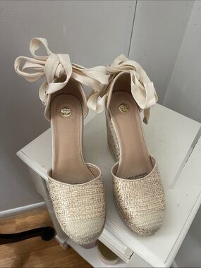 Cream and Gold Espadrille Wedge Heels with Ribbon Tie